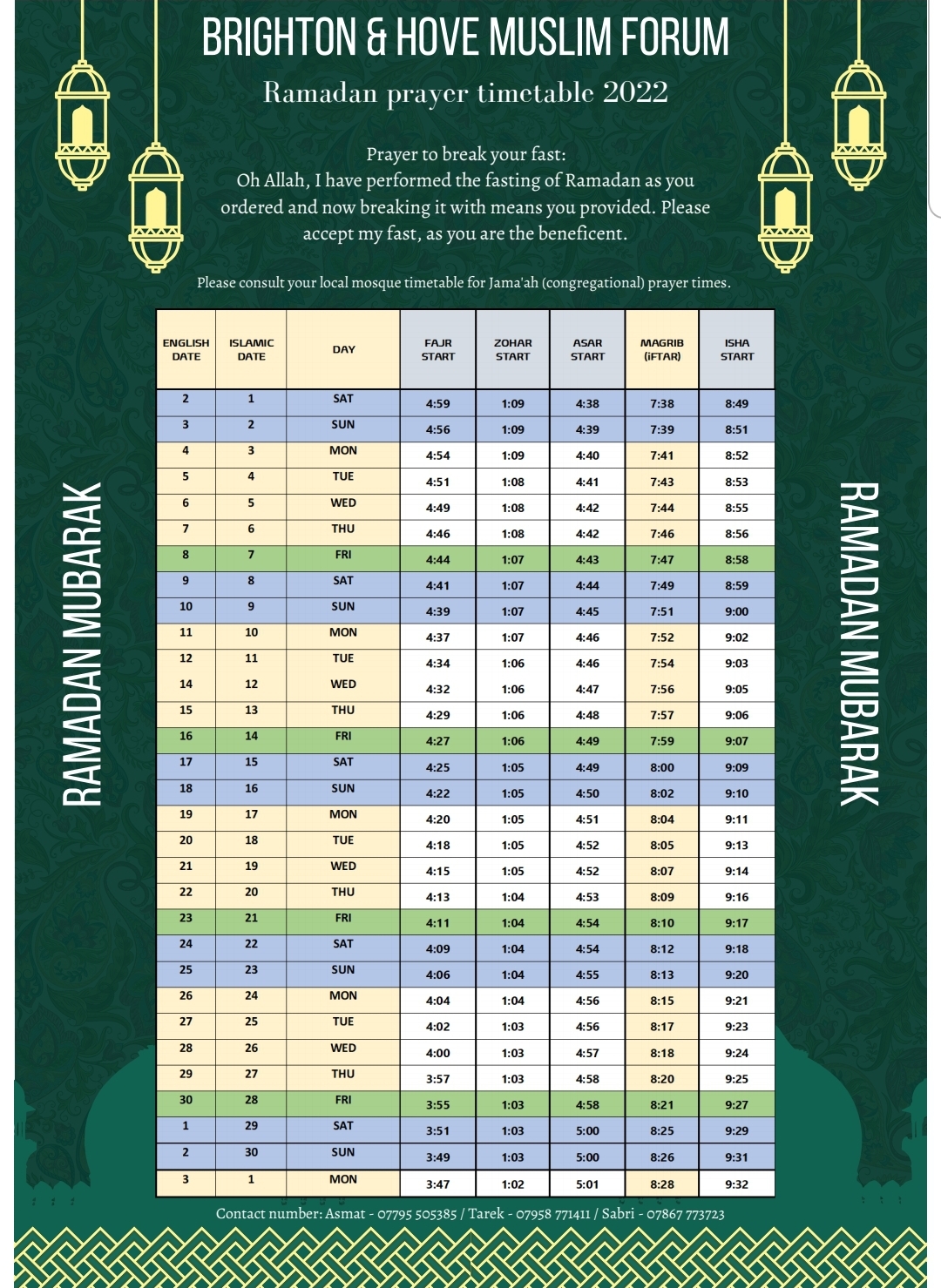 Ramadan Prayer Timetable 2022 - Brighton & Hove Muslim Forum