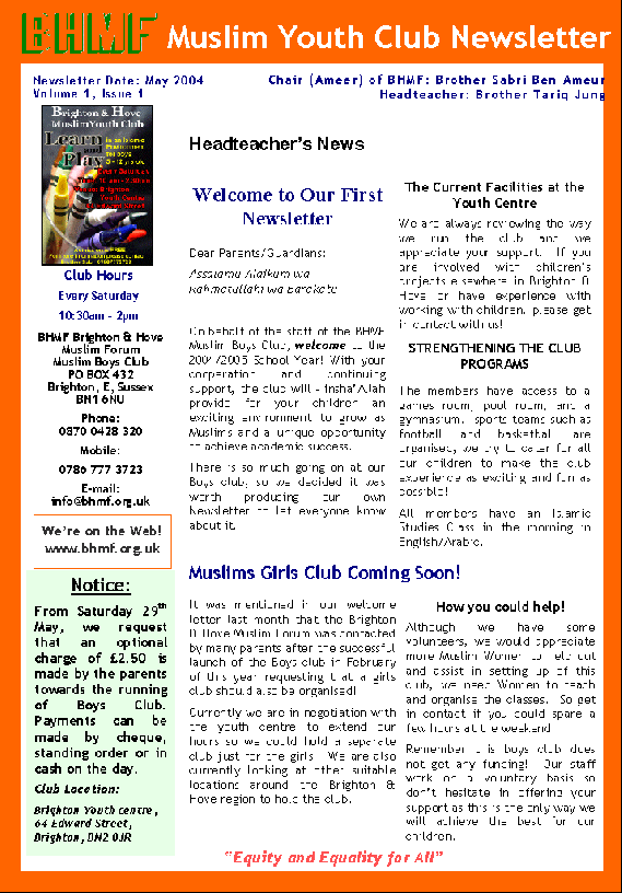 Muslim Youth Club Newsletter - Issue 1